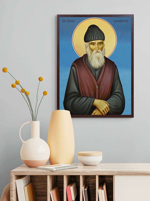 Icoana cu Sf. Paisie Aghioritul - creată manual cu fundal albastru
