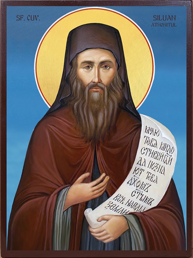 Icoana cu Sf. Siluan Athonitul - lucru manual unicat cu fundal albastru