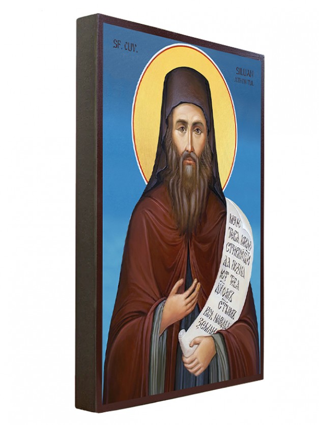 Icoana cu Sf. Siluan Athonitul - lucru manual unicat cu fundal albastru