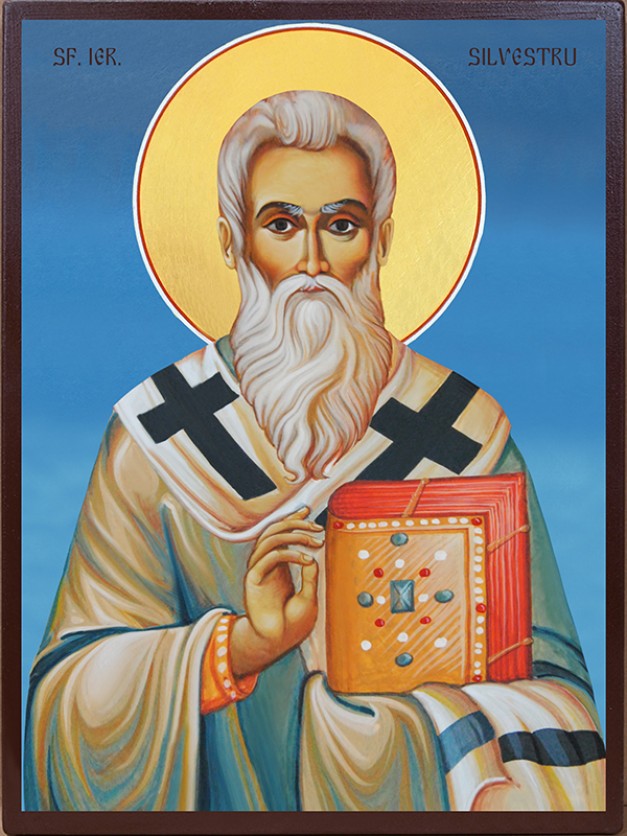 Icoana cu Sf. Silvestru - fundal albastru
