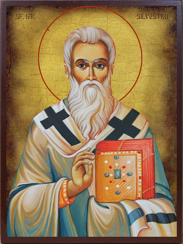 Icoana cu Sf. Silvestru - aspect îmbătrânit autentic