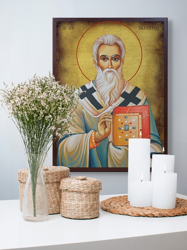 Icoana cu Sf. Silvestru - aspect îmbătrânit autentic