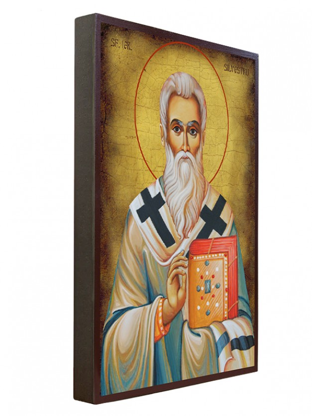Icoana cu Sf. Silvestru - aspect îmbătrânit autentic