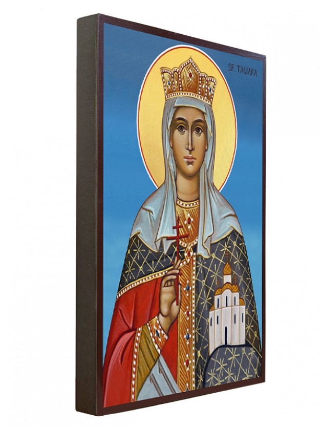 Icoana cu Sf. Tamara, regina Georgiei - lucru manual unicat cu fundal albastru